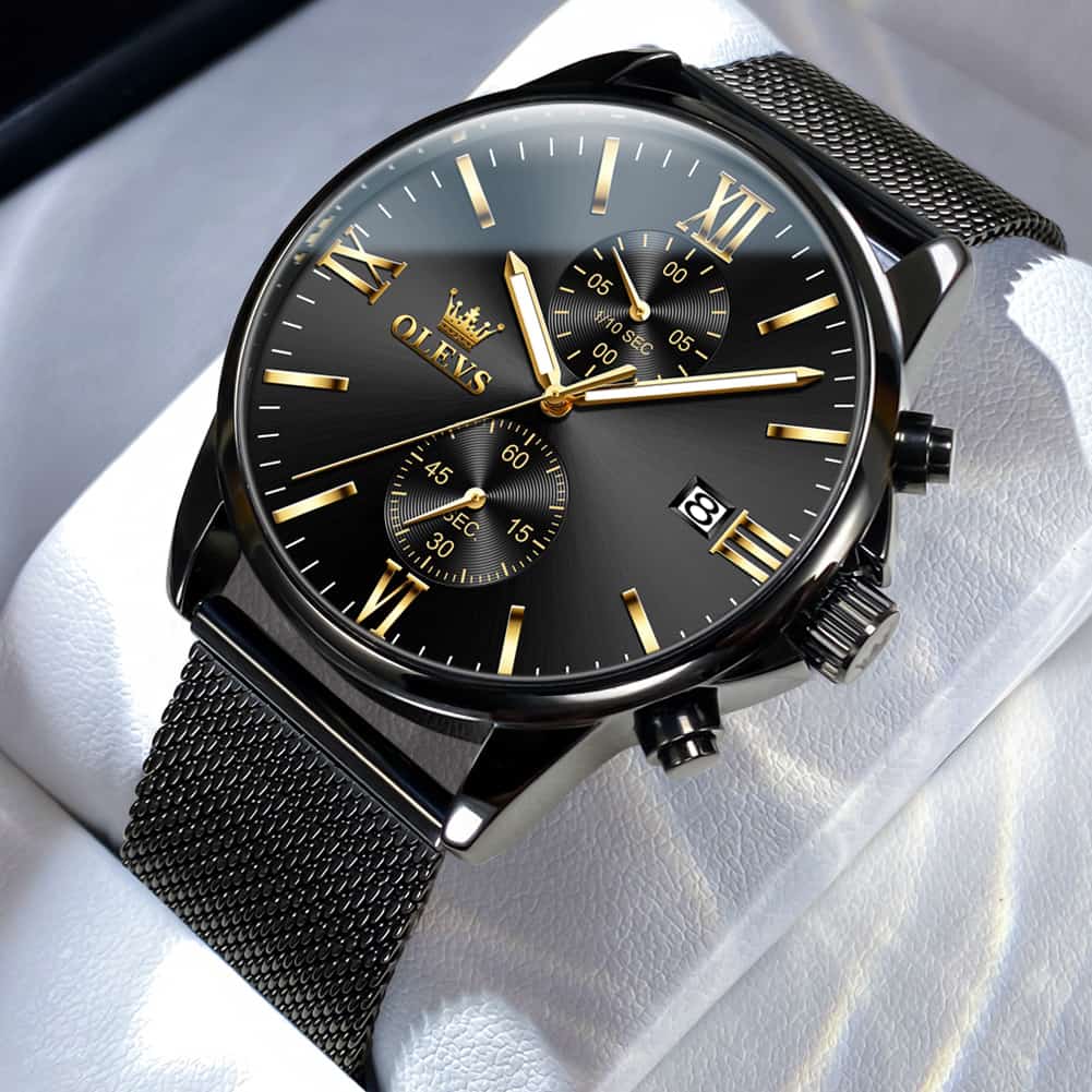 OLEVS 2886 Classic Chronograph Quartz Watch for Men - All Black Mesh Watch | Olevs Watch Store