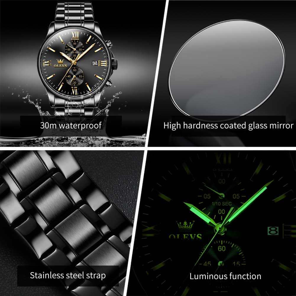 OLEVS 2886 Classic Chronograph Quartz Watch for Men - All Black Mesh Watch | Olevs Watch Store