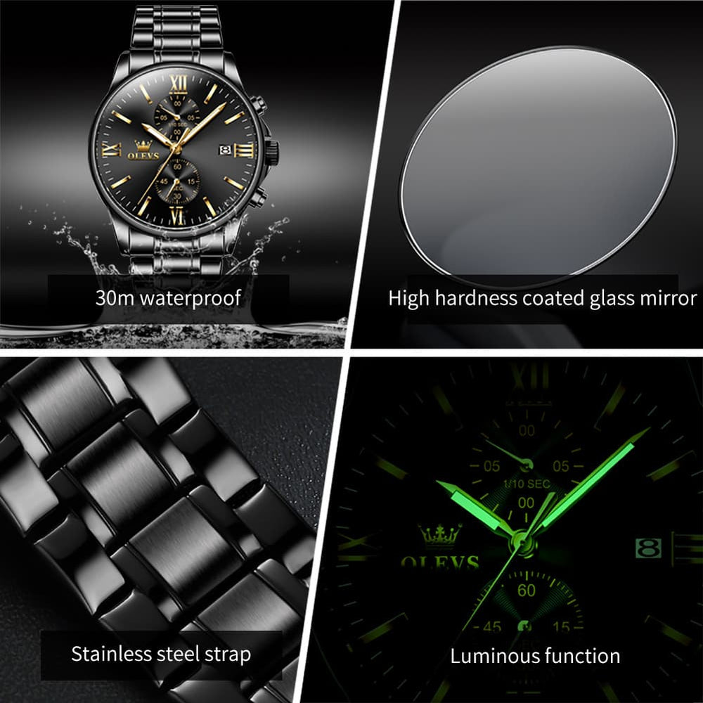 OLEVS 2886 Classic Chronograph Quartz Watch for Men - All Black Mesh Watch | Olevs Watch Store