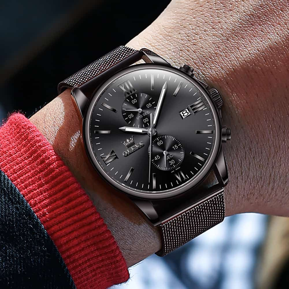 OLEVS 2886 Classic Chronograph Quartz Watch for Men - All Black Mesh Watch | Olevs Watch Store