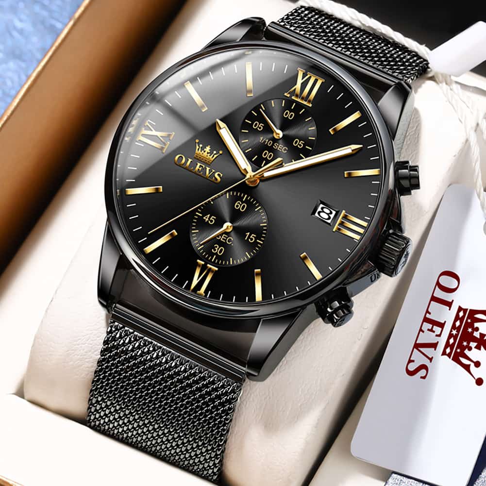 OLEVS 2886 Classic Chronograph Quartz Watch for Men - All Black Mesh Watch | Olevs Watch Store