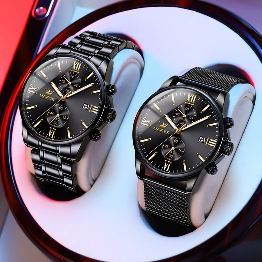 OLEVS 2886 Classic Chronograph Quartz Watch for Men - All Black Mesh Watch | Olevs Watch Store