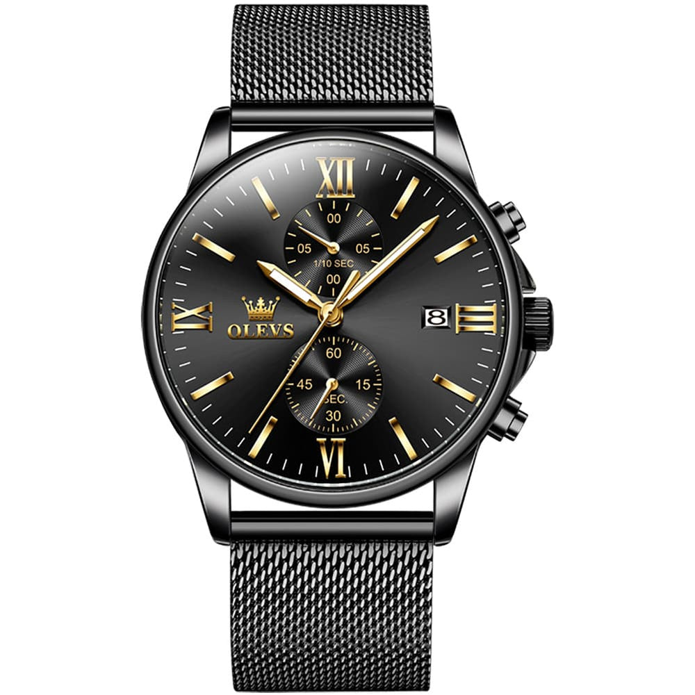 OLEVS 2886 Classic Chronograph Quartz Watch for Men - Black Gold Mesh Watch | Olevs Watch Store