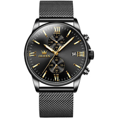 OLEVS 2886 Classic Chronograph Quartz Watch for Men - Black Gold Mesh Watch | Olevs Watch Store