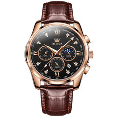OLEVS 2888 Leather Chronograph Moon Phase Watch for Men - Rose Gold Black Watch | Olevs Watch Store