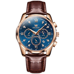 OLEVS 2888 Leather Chronograph Moon Phase Watch for Men - Rose Gold Blue Watch | Olevs Watch Store