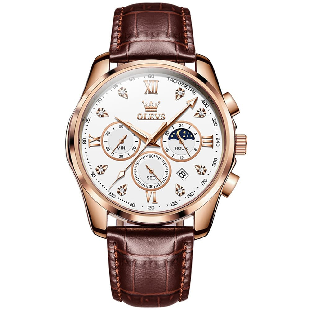 OLEVS 2888 Leather Chronograph Moon Phase Watch for Men - Rose Gold White Watch | Olevs Watch Store