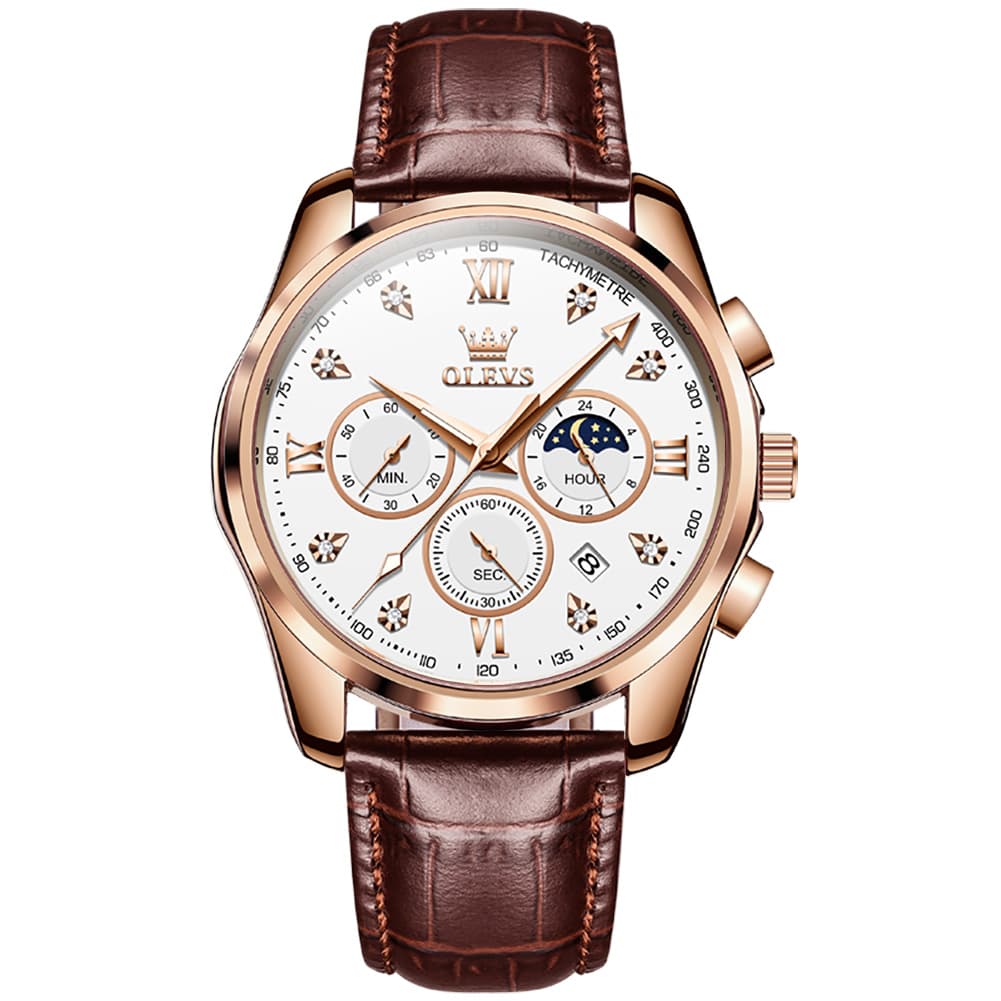 OLEVS 2888 Leather Chronograph Moon Phase Watch for Men - Rose Gold White Watch | Olevs Watch Store