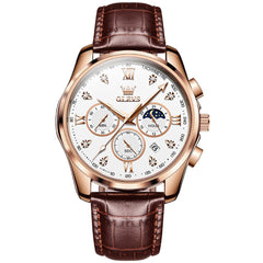 OLEVS 2888 Leather Chronograph Moon Phase Watch for Men - Rose Gold White Watch | Olevs Watch Store