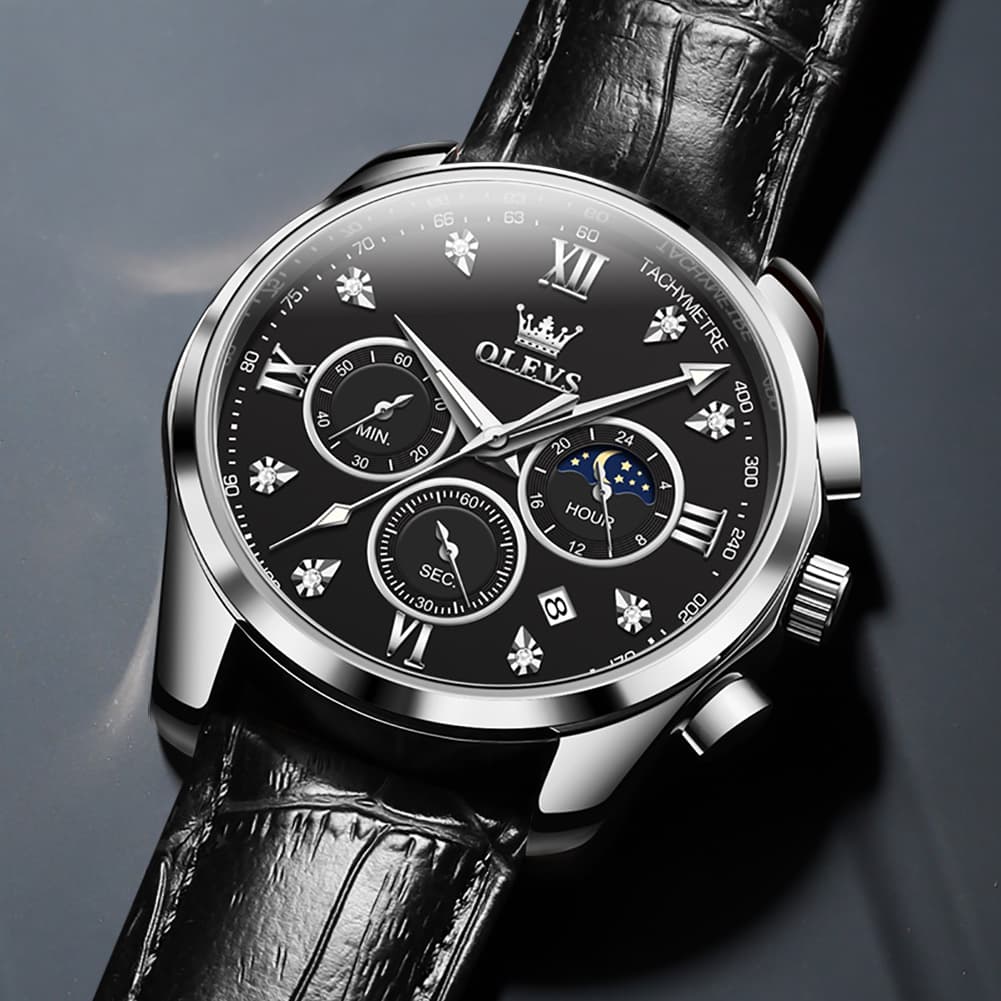 OLEVS 2888 Leather Chronograph Moon Phase Watch for Men - Silver Black Watch | Olevs Watch Store
