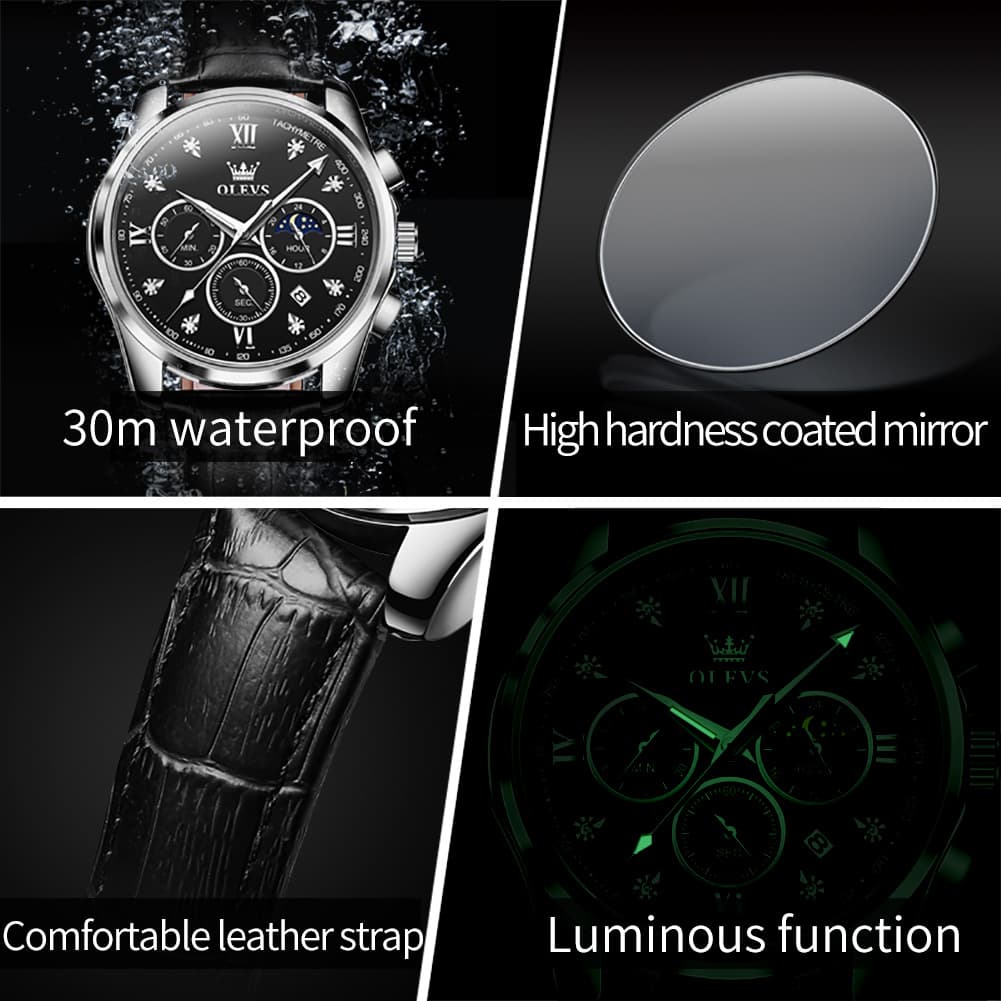 OLEVS 2888 Leather Chronograph Moon Phase Watch for Men - Silver Black Watch | Olevs Watch Store