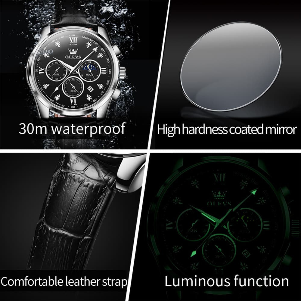 OLEVS 2888 Leather Chronograph Moon Phase Watch for Men - Silver Black Watch | Olevs Watch Store