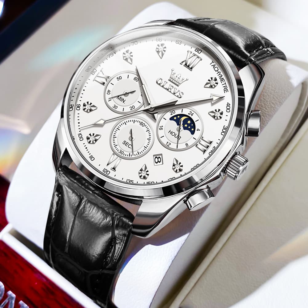 OLEVS 2888 Leather Chronograph Moon Phase Watch for Men - Silver Black Watch | Olevs Watch Store