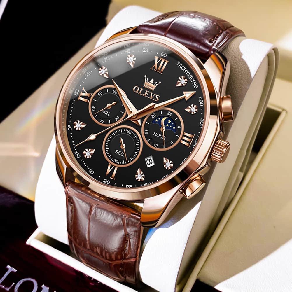 OLEVS 2888 Leather Chronograph Moon Phase Watch for Men - Silver Black Watch | Olevs Watch Store