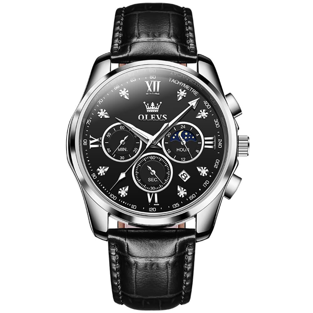 OLEVS 2888 Leather Chronograph Moon Phase Watch for Men - Silver Black Watch | Olevs Watch Store