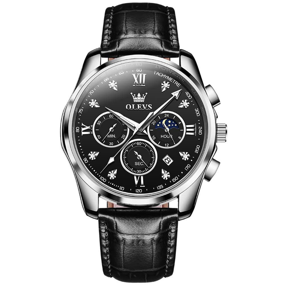 OLEVS 2888 Leather Chronograph Moon Phase Watch for Men - Silver Black Watch | Olevs Watch Store