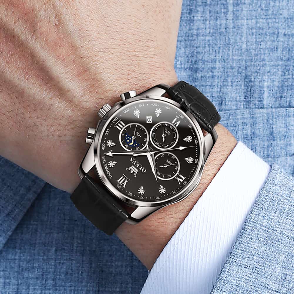 OLEVS 2888 Leather Chronograph Moon Phase Watch for Men - Silver Black Watch | Olevs Watch Store
