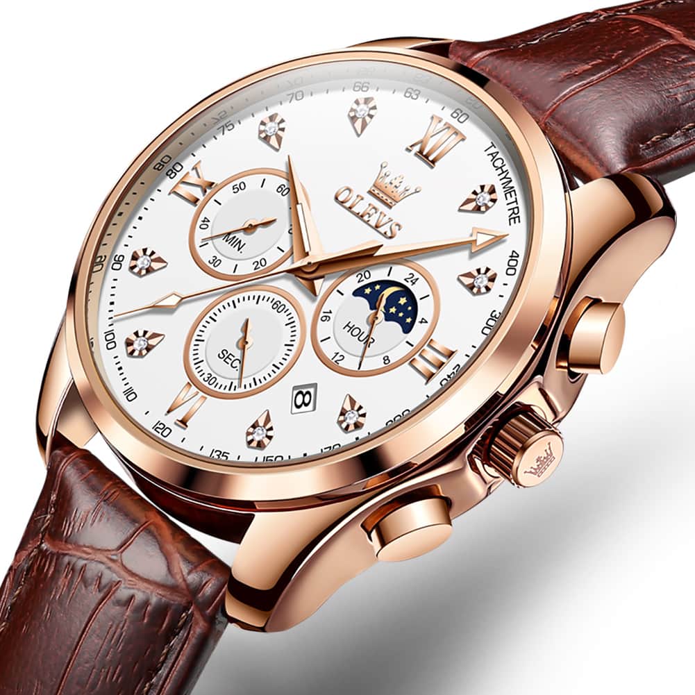OLEVS 2888 Leather Chronograph Moon Phase Watch for Men - Silver Black Watch | Olevs Watch Store