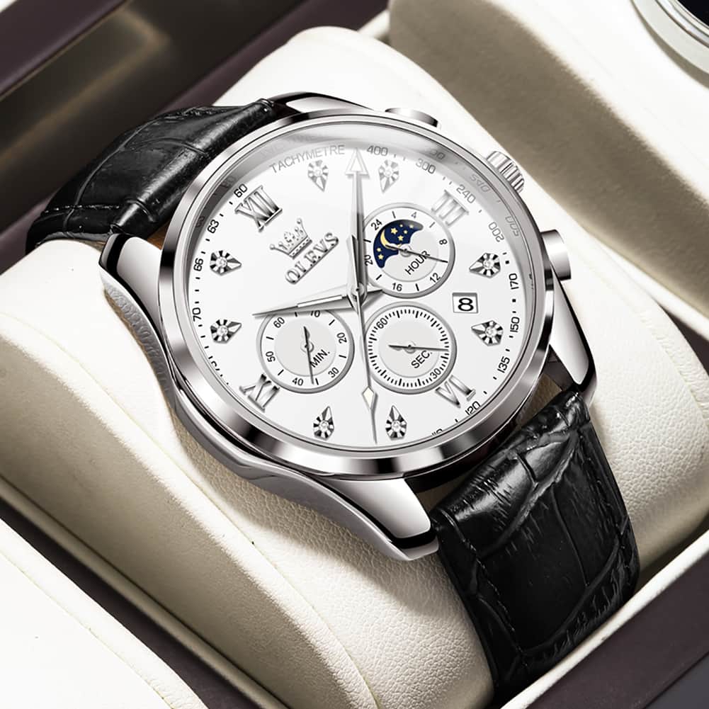 OLEVS 2888 Leather Chronograph Moon Phase Watch for Men - Silver Black Watch | Olevs Watch Store