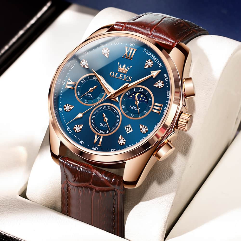 OLEVS 2888 Leather Chronograph Moon Phase Watch for Men - Silver Black Watch | Olevs Watch Store