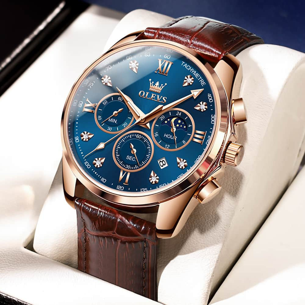 OLEVS 2888 Leather Chronograph Moon Phase Watch for Men - Silver Black Watch | Olevs Watch Store