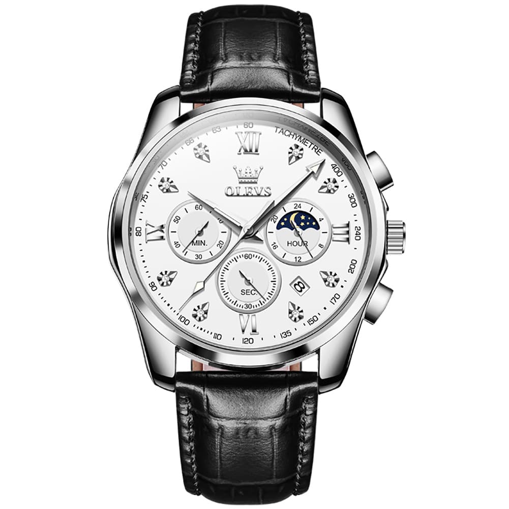 OLEVS 2888 Leather Chronograph Moon Phase Watch for Men - Silver White Watch | Olevs Watch Store