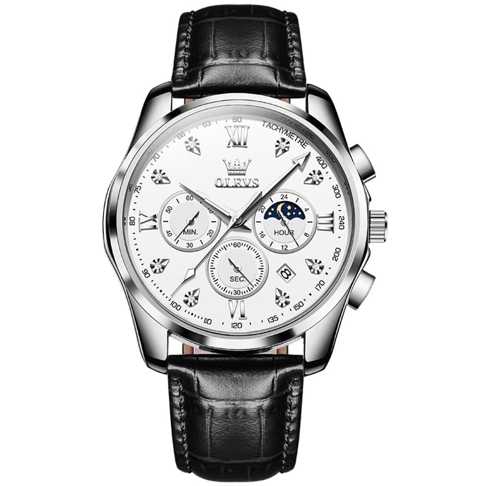 OLEVS 2888 Leather Chronograph Moon Phase Watch for Men - Silver White Watch | Olevs Watch Store