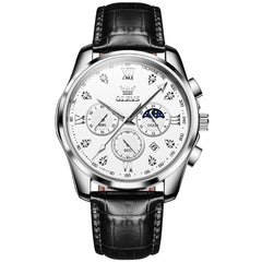 OLEVS 2888 Leather Chronograph Moon Phase Watch for Men - Silver White Watch | Olevs Watch Store