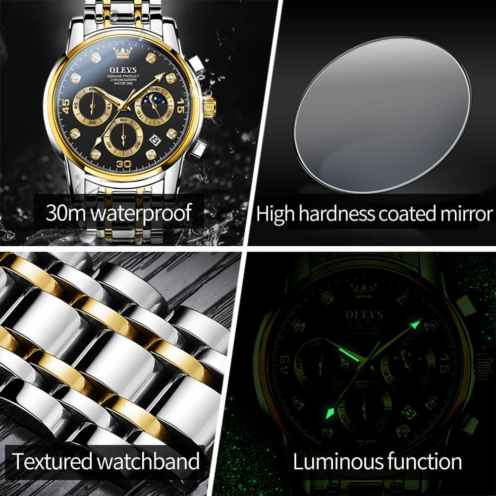 OLEVS 2889 Steel Chronograph Moon Phase Watch for Men - All Gold Watch | Olevs Watch Store