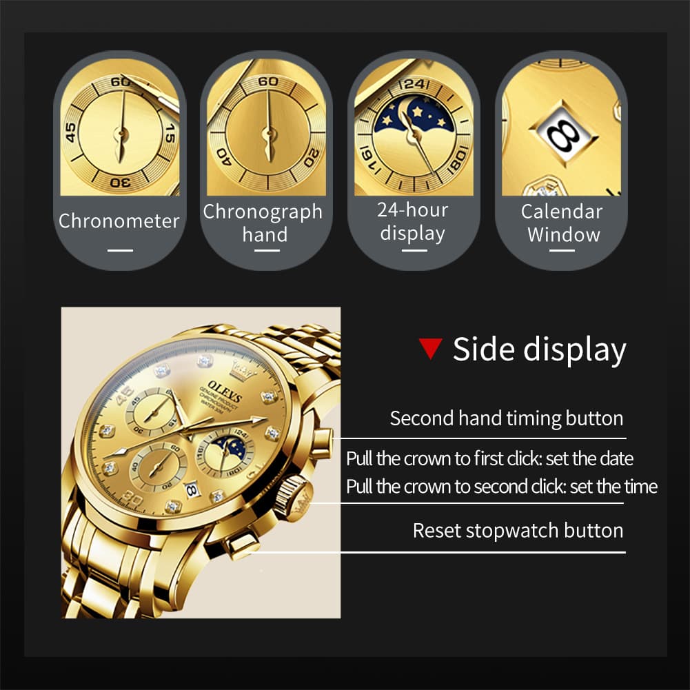OLEVS 2889 Steel Chronograph Moon Phase Watch for Men - All Gold Watch | Olevs Watch Store