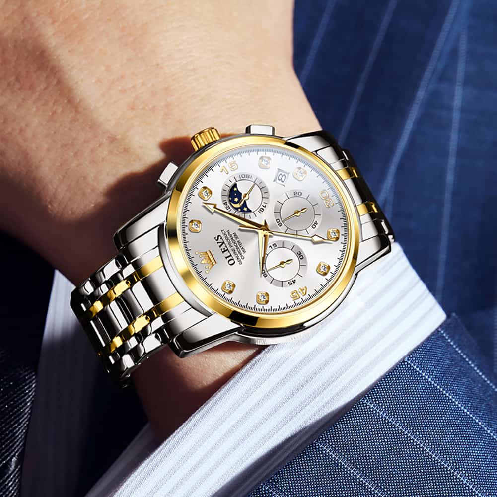 OLEVS 2889 Steel Chronograph Moon Phase Watch for Men - All Gold Watch | Olevs Watch Store