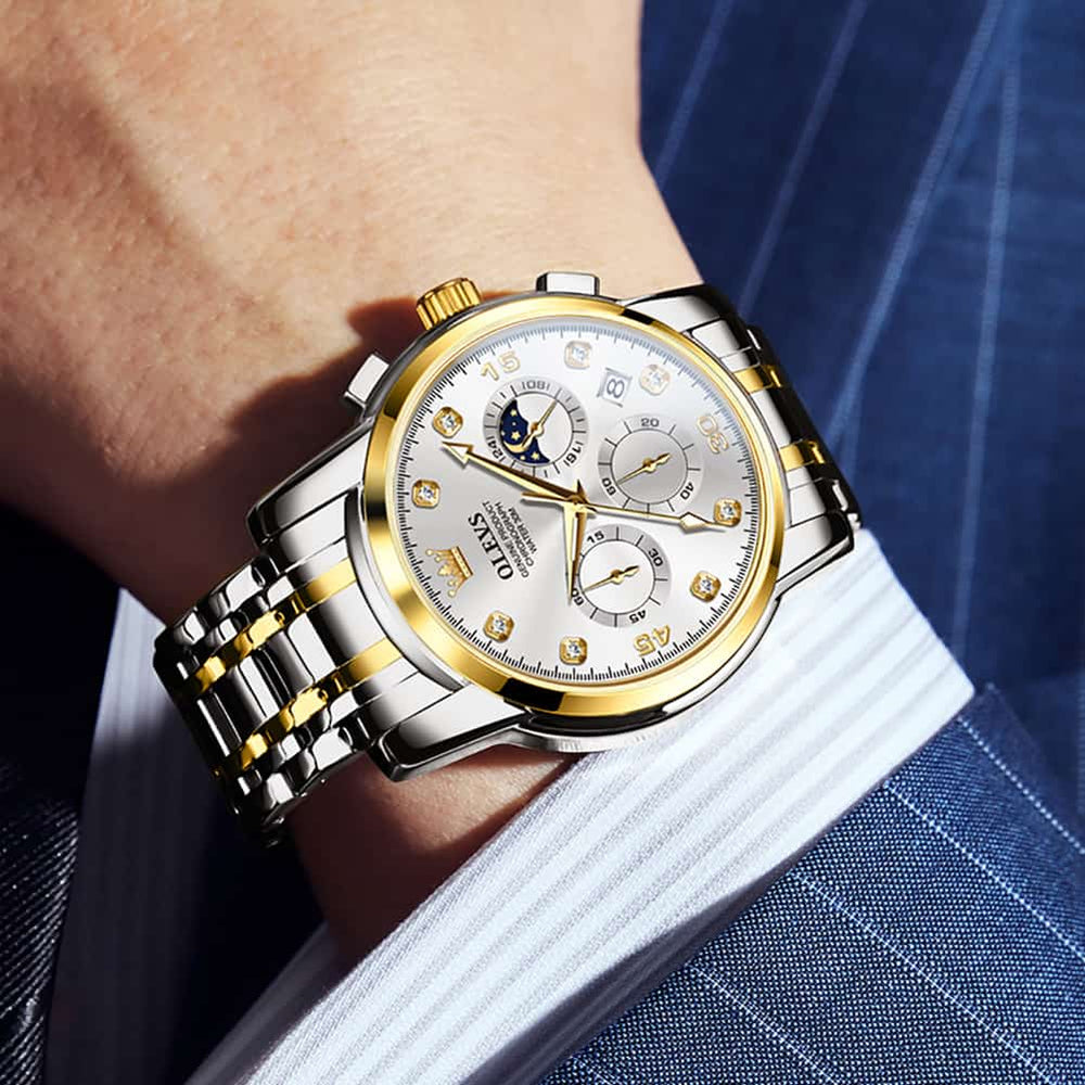 OLEVS 2889 Steel Chronograph Moon Phase Watch for Men - All Gold Watch | Olevs Watch Store