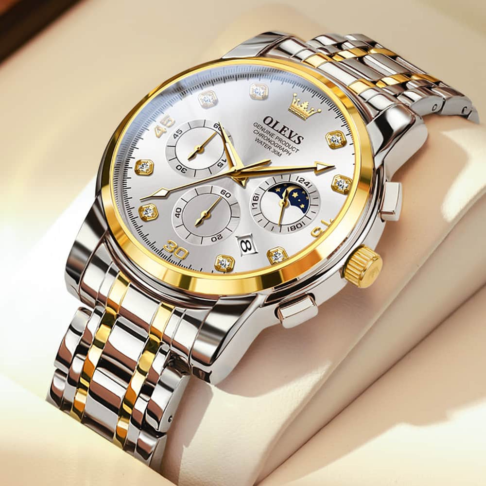 OLEVS 2889 Steel Chronograph Moon Phase Watch for Men - All Gold Watch | Olevs Watch Store