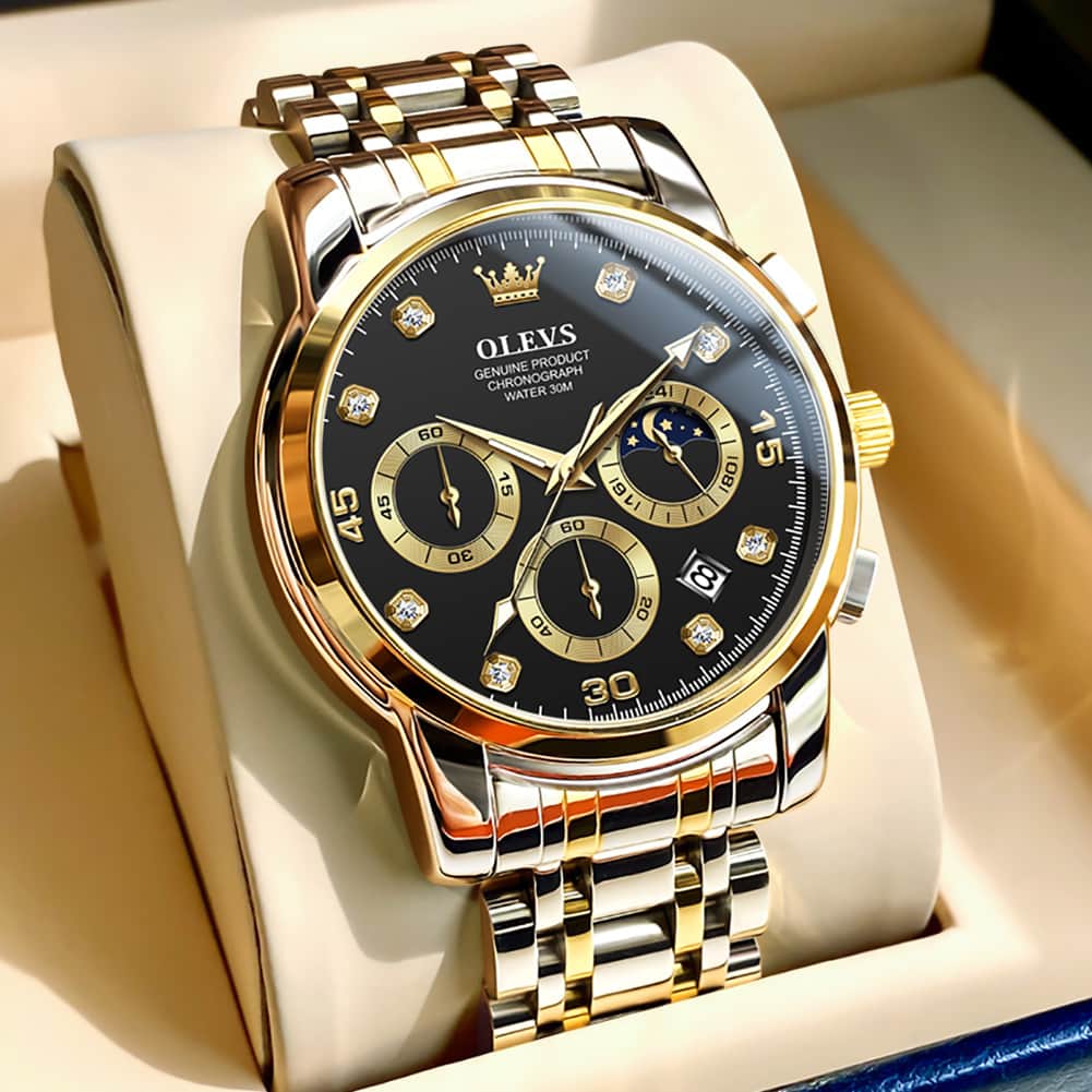 OLEVS 2889 Steel Chronograph Moon Phase Watch for Men - All Gold Watch | Olevs Watch Store