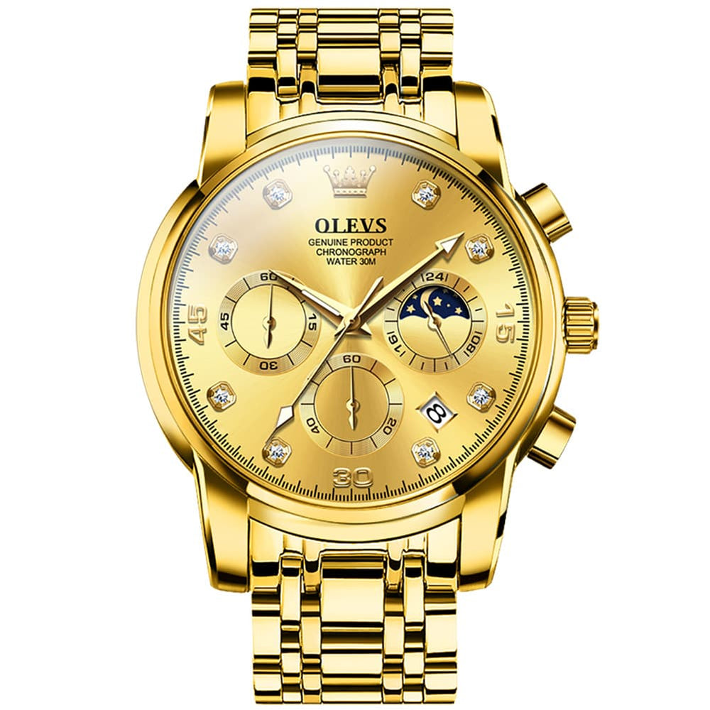 OLEVS 2889 Steel Chronograph Moon Phase Watch for Men - All Gold Watch | Olevs Watch Store