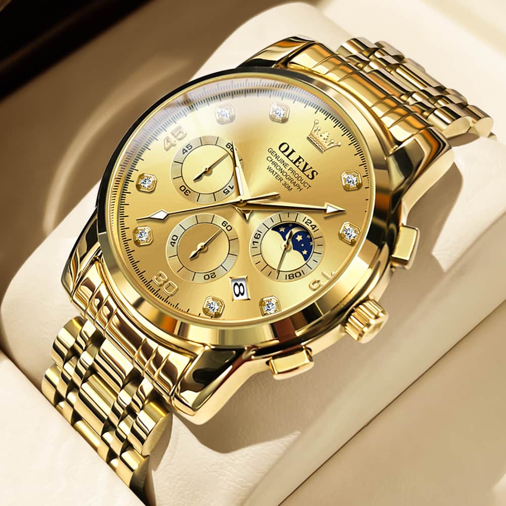 OLEVS 2889 Steel Chronograph Moon Phase Watch for Men - All Gold Watch | Olevs Watch Store