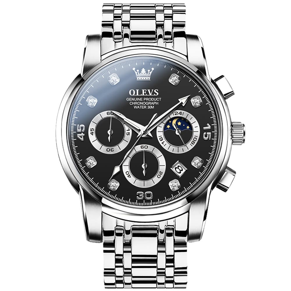 OLEVS 2889 Steel Chronograph Moon Phase Watch for Men - Silver Black Watch | Olevs Watch Store
