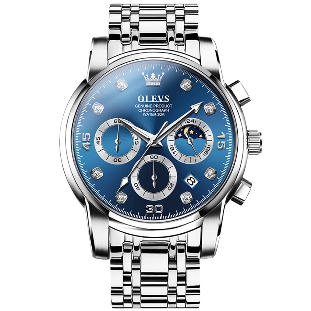 OLEVS 2889 Steel Chronograph Moon Phase Watch for Men - Silver Blue Watch | Olevs Watch Store