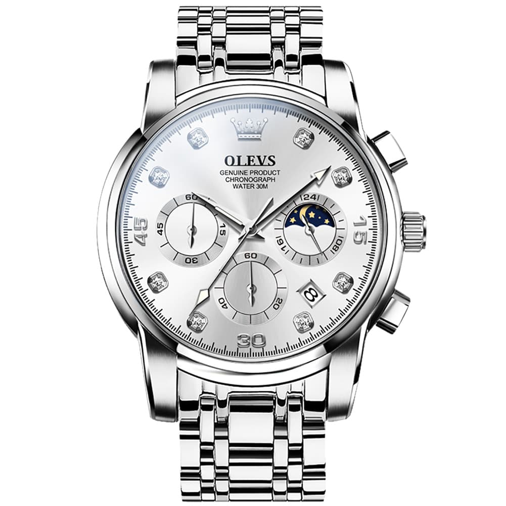 OLEVS 2889 Steel Chronograph Moon Phase Watch for Men - Silver White Watch | Olevs Watch Store