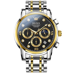 OLEVS 2889 Steel Chronograph Moon Phase Watch for Men - Two Tone Black Watch | Olevs Watch Store
