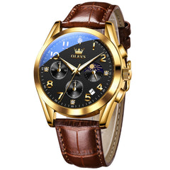 OLEVS 2890 Leather Chronograph Moon Phase Watch for Men - All Gold Black Watch | Olevs Watch Store