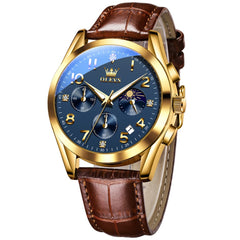 OLEVS 2890 Leather Chronograph Moon Phase Watch for Men - All Gold Blue Watch | Olevs Watch Store
