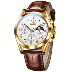 OLEVS 2890 Leather Chronograph Moon Phase Watch for Men - All Gold White Watch | Olevs Watch Store