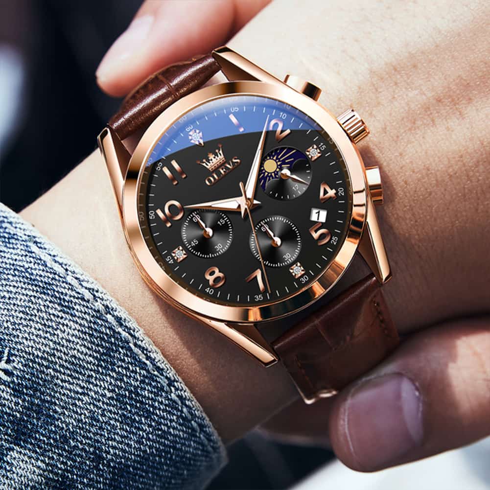 OLEVS 2890 Leather Chronograph Moon Phase Watch for Men - Rose Gold Black Watch | Olevs Watch Store
