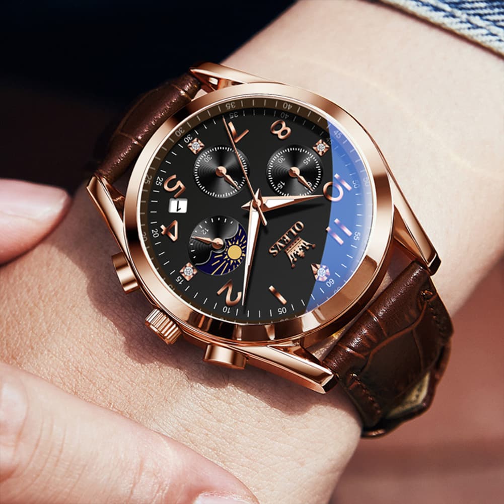 OLEVS 2890 Leather Chronograph Moon Phase Watch for Men - Rose Gold Black Watch | Olevs Watch Store