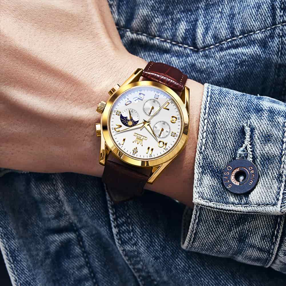 OLEVS 2890 Leather Chronograph Moon Phase Watch for Men - Rose Gold Black Watch | Olevs Watch Store