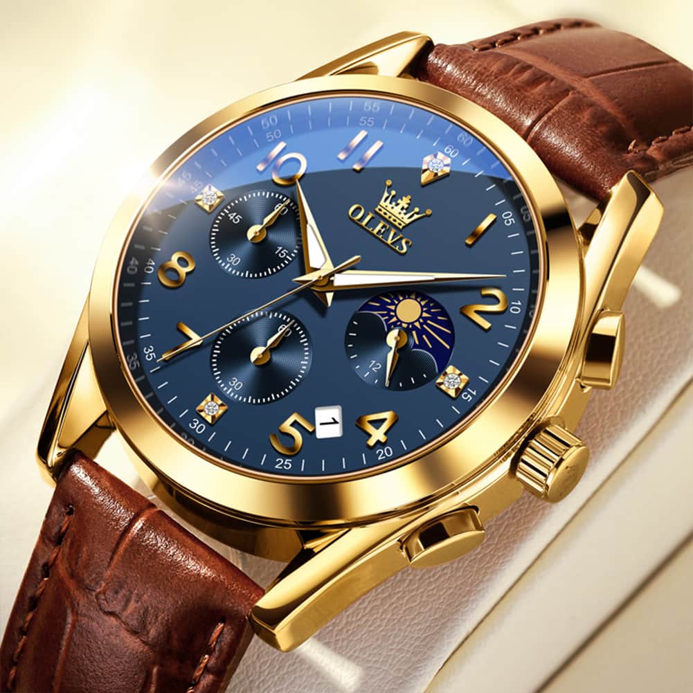 OLEVS 2890 Leather Chronograph Moon Phase Watch for Men - Rose Gold Black Watch | Olevs Watch Store