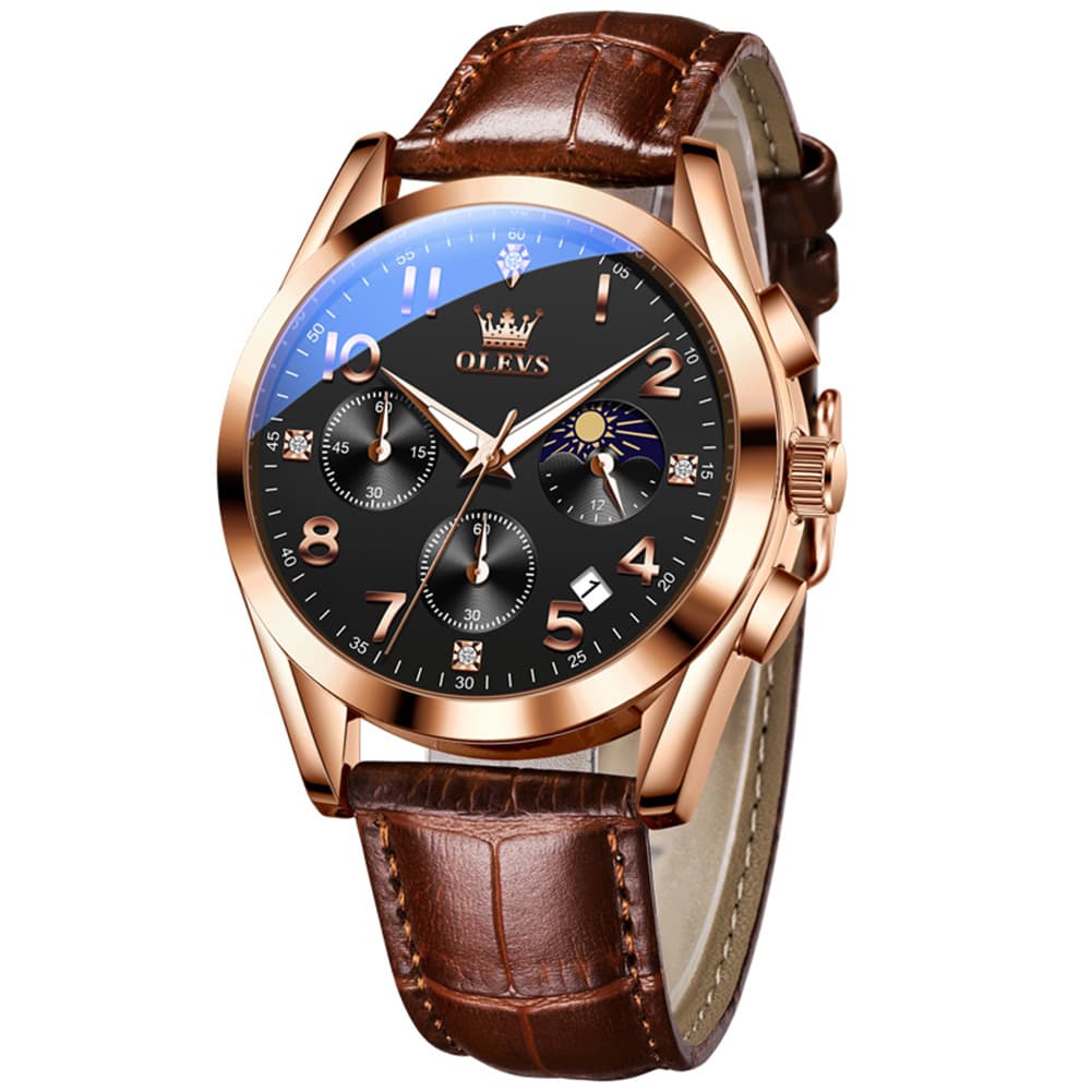 OLEVS 2890 Leather Chronograph Moon Phase Watch for Men - Rose Gold Black Watch | Olevs Watch Store