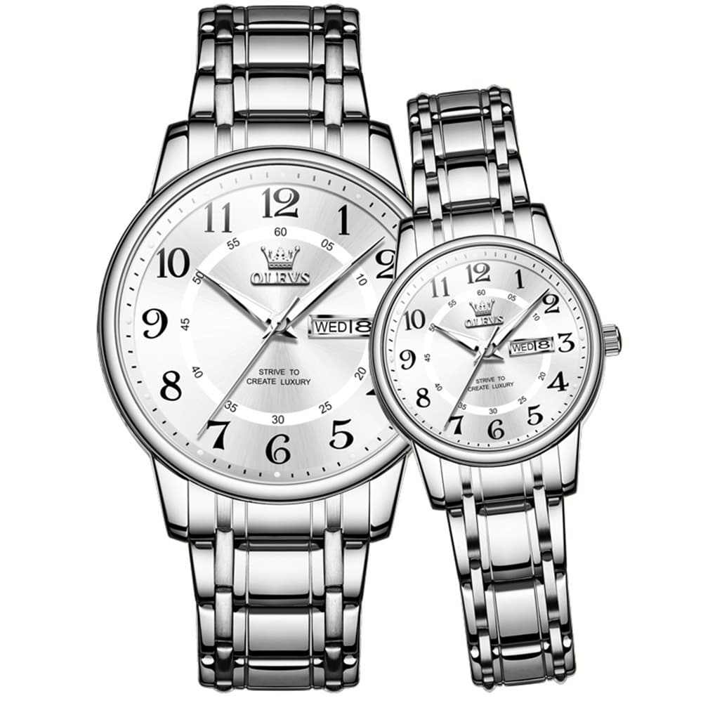 OLEVS 2891 Classic Digital Dial Couples Watch Set for Men Women - Silver White Watch | Olevs Watch Store