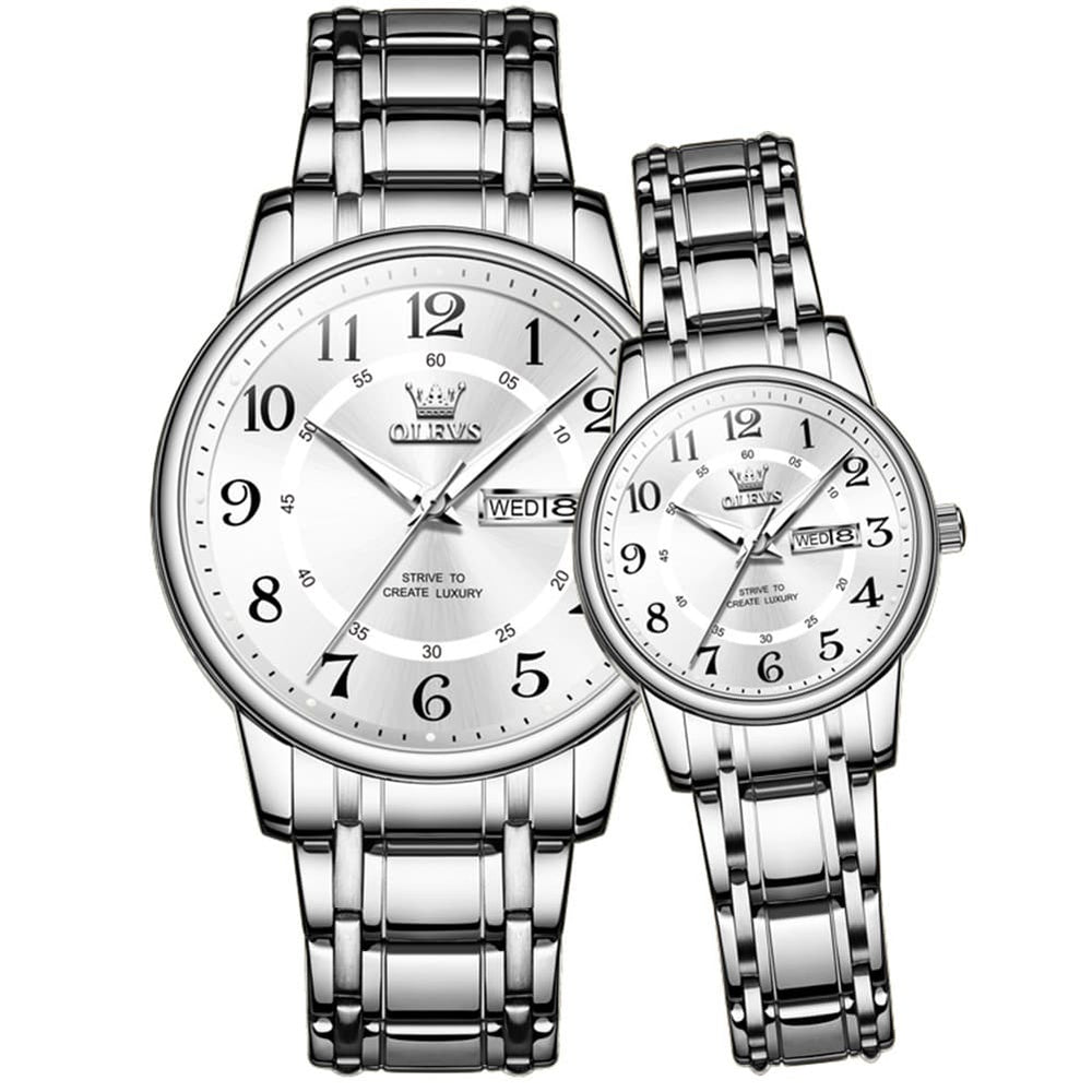 OLEVS 2891 Classic Digital Dial Couples Watch Set for Men Women - Silver White Watch | Olevs Watch Store